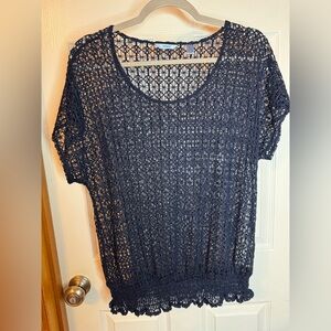 Izod Dark Blue Crochet Blouse Size: L